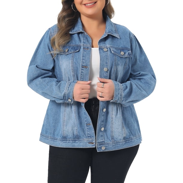 Agnes Orinda Chaqueta de Mezclilla Talla Grande para Mujeres Manga Larga con Botones Lavada Chaqueta de Jean de Camionero 2X Azul Claro