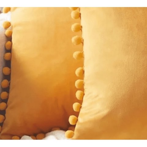 Genérico - Pack De 2 Fundas De Cojines Terciopelo Con Pompones 45X45 Cm Mostaza