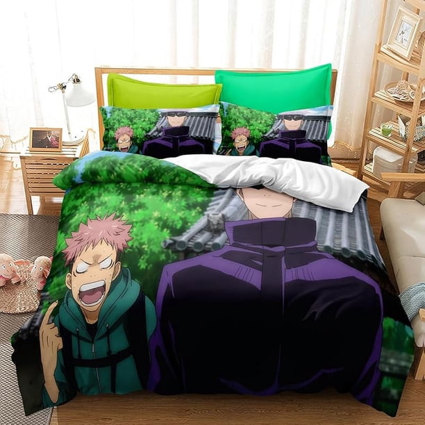 Anime- 3D Cartoo-n Cute Juj-utsu -Kai-sen 3 P-iece Anime Gir-l Comf-orter Set Boy-s and Girl-s Bed-ding Set -Super Soft Co-mforter Zipp-er 2 P-illowcas-es for Girl-s Boys