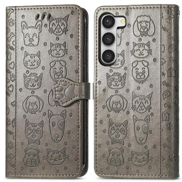 Funda Cartera FOXDOCK para Samsung Galaxy S23 , Flip PU con Relieve de Gatos y Perros, Tarjetero y Soporte