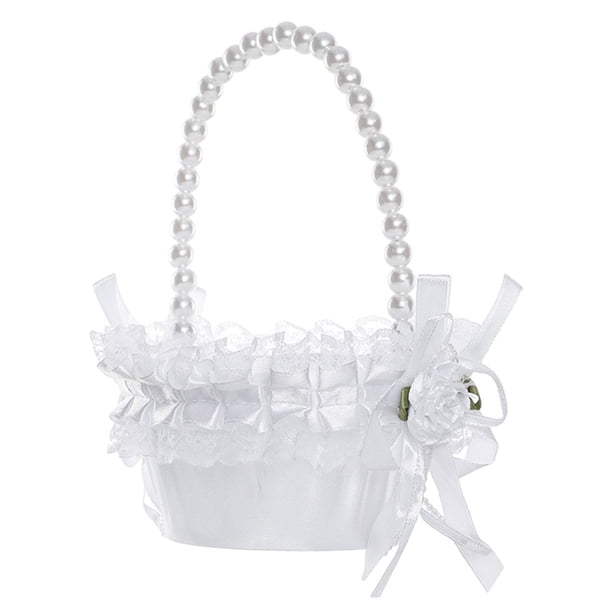 Cesta de flores de satén, cesta de boda Fariy, accesorios para fotos de novia, lazo blanco con mango, decoración con perlas, cestas de flores de boda , 12cmx18cm