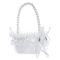 Magideal - Cesta De Flores De Satén, Cesta De Boda Fariy, Accesorios Para Fotos De Novia, Lazo Blanco Con Mango, Decoración Con Perlas, Cestas De Flores De Boda , 12Cmx18Cm