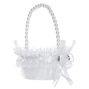 Magideal - Cesta De Flores De Satén, Cesta De Boda Fariy, Accesorios Para Fotos De Novia, Lazo Blanco Con Mango, Decoración Con Perlas, Cestas De Flores De Boda , 12Cmx18Cm