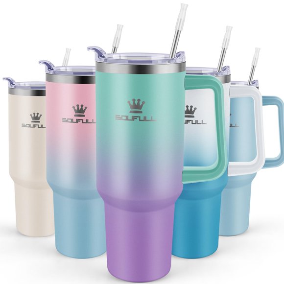 Vaso térmico Soufull 1200 mL con asa y tapa con popote de acero inoxidable