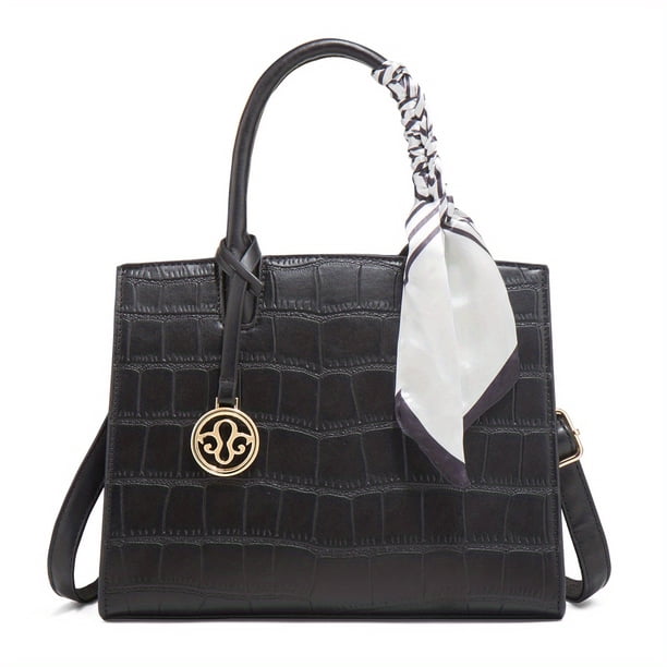 Elegant Crocodile Pattern Tote Bag, Scarf Decor Top Handle Satchel, Women's Fashion Handbag, Shoulder Bag & Crossbody Purse