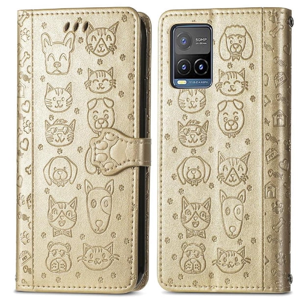 Funda Cartera FOXDOCK para VIVO Y21S , Flip PU con Relieve de Gatos y Perros, Tarjetero y Soporte