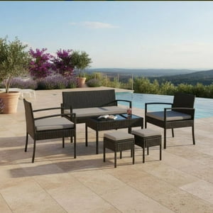 Velazio - Juego De Living Terraza Hawai Gris 6 Personas Cojines Impermeables, Símil Ratan