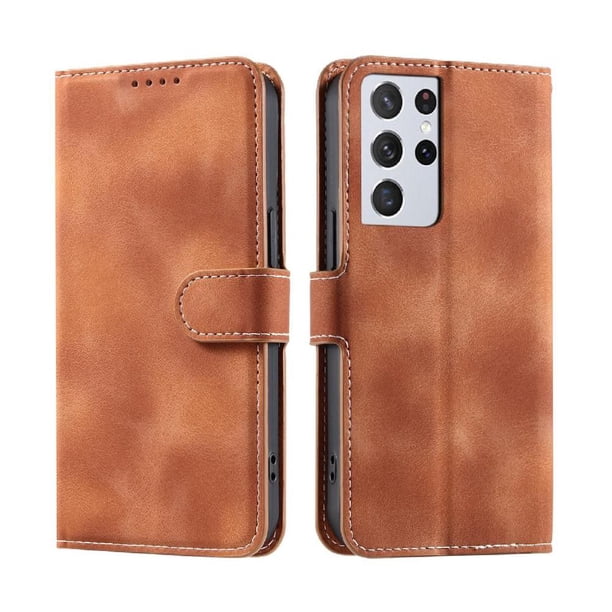 Funda Cartera para Samsung Galaxy S21 Ultra Tapa con Ranuras, Soporte y Correa Marrón