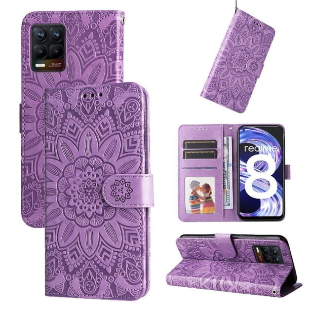 Funda tipo cartera FOXDOCK para Realme 8 4G , diseño girasol en relieve, cuero PU, cierre magnético, soporte y tarjetero