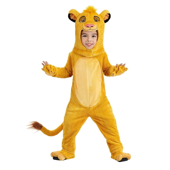 Disfraz de Simba de El Rey León de Disney para niños pequeños, mono de felpa con cola, tocado, guantes y cubrezapatos 4T, amarillo