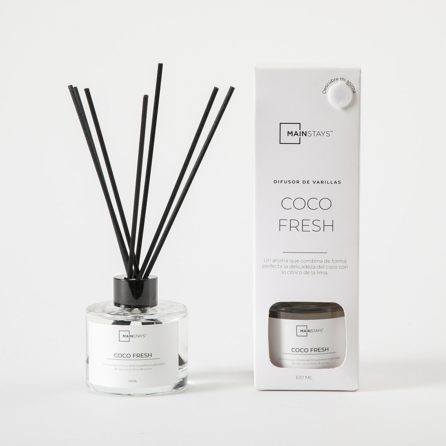 Difusor De Varillas 100ml Coco Fresh Envase Transparente Rosco Negro Y Set Varillas Negras 2 Un Mainstays