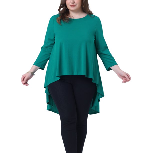 Blusa de Día de San Patricio para Mujer de Talla Grande de Agnes Orinda, Dobladillo Alto Bajo, Cuello Redondo, Manga 3/4, Top Casual Túnica 1X Verde