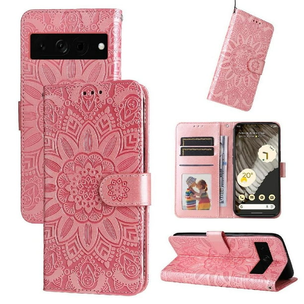 Funda tipo cartera FOXDOCK para Google Pixel 7 Pro , diseño girasol en relieve, cuero PU, cierre magnético, soporte y tarjetero