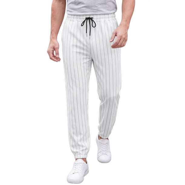 Pantalones Joggers de Lino a Rayas con Cintura Elástica y Cordón para Hombre INSPIRE CHIC M Blanco