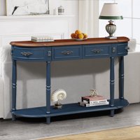 M&Ms - Retro Curved Wood Console Table, 52 Inch Circular Half Moon Sofa Table With Open Shelf And 2 Drawers, Solid Wood Entry Table For Living Room, Hallway, Navy Blue + Brown Top