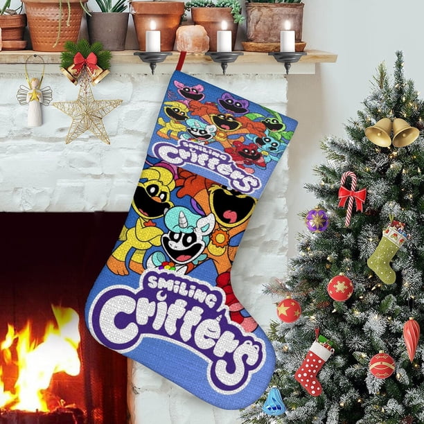 Critters Sonrientes Tema: Calcetines de Navidad, fino lino blanco para colgar en escaleras y chimenea, decoración navideña para el hogar, regalo de Navidad. 54cm × 38cm