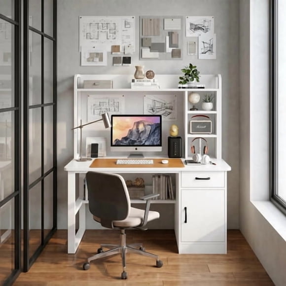 Escritorio Para Oficina Moderno Con Estantería 100x48x137cm Blanco