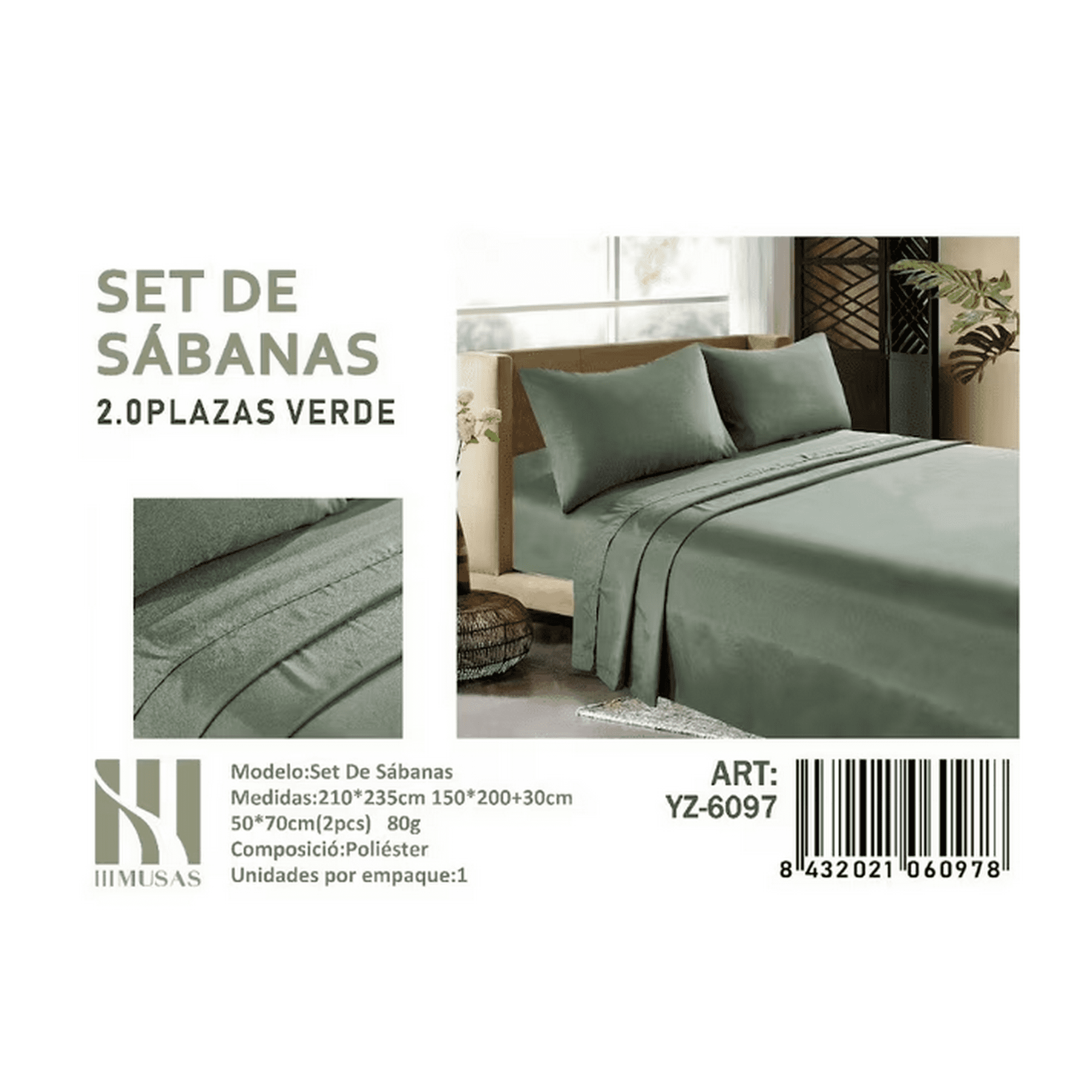 Todostore - Set De Sabanas 2.0 Plazas 150 Hilos Color Verde 2 Funda De Almohada