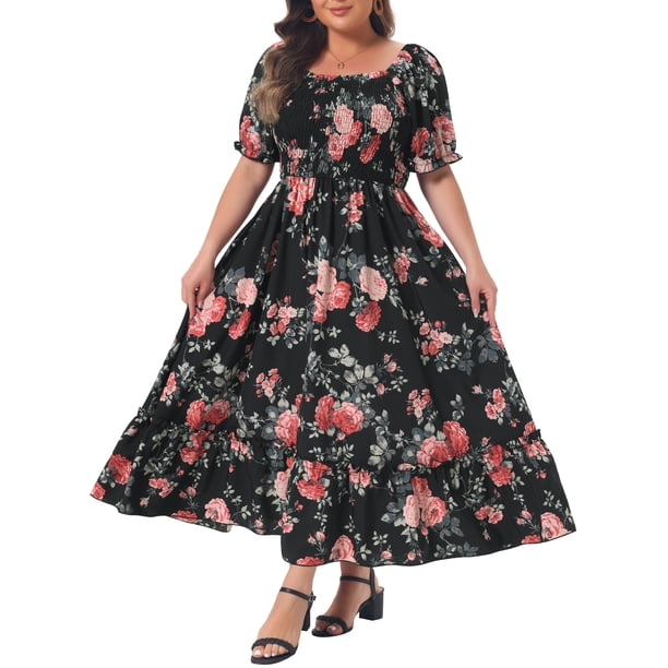 GRACE & GRANDEUR Vestido Maxi Floral para Mujer Talla Grande Cuello Cuadrado Manga Abullonada Cintura Fruncida Boho Vestido de Sol 3X Negro
