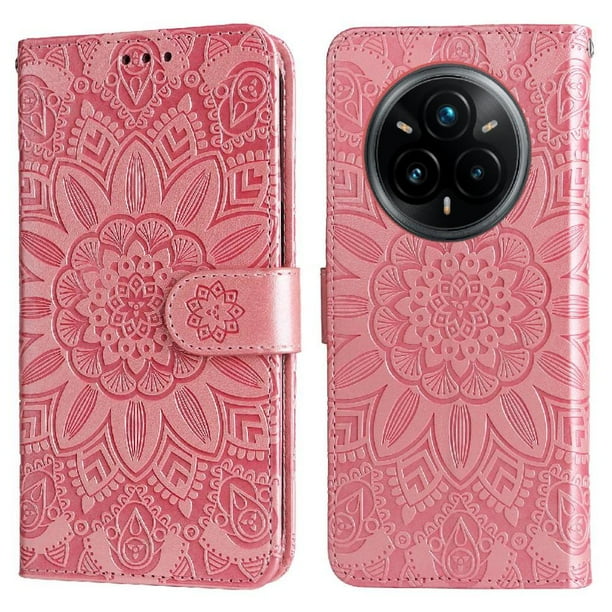 Funda tipo cartera FOXDOCK para Realme 14 Pro , diseño girasol en relieve, cuero PU, cierre magnético, soporte y tarjetero