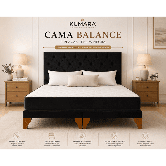 Cama Europea 2 Plazas Base Dividida con Respaldo Capitoné Negro y Colchón Híbrido