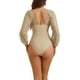 thumbnail image 3 of INSPIRE CHIC Traje de baño de una pieza para mujer con mangas largas, escote pronunciado, panel de malla, control de abdomen y corte alto para playa, caqui, talla extra pequeña, 3 of 5