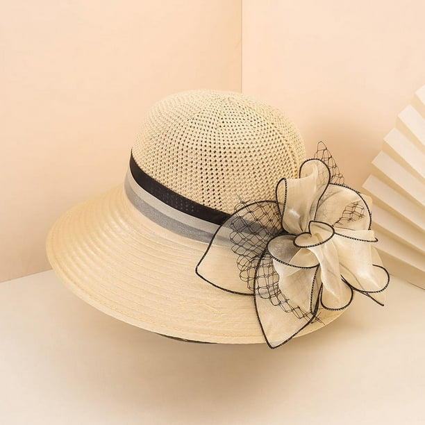 Women's Wide Brim Straw Bucket Hat with Floral Mesh Fascinator for Church, Weddings, and Beach Sun Protection - Perfect Valentine's Gift