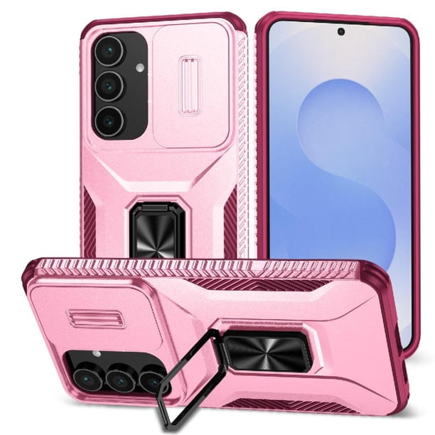Funda Armada para Samsung Galaxy S25 FE con Tapa Deslizante y Soporte Magnético Giratorio Rosa