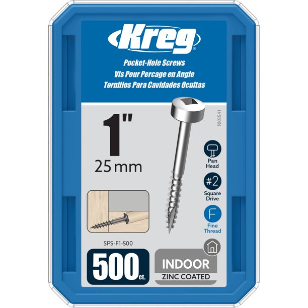 Tornillos Kreg de 25 mm con recubrimiento de zinc, paquete de 500, para agujeros de bolsillo