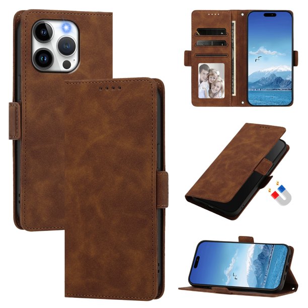 Funda Billetera Delgada para iPhone 15 Pro con Ranuras y Soporte Marrón