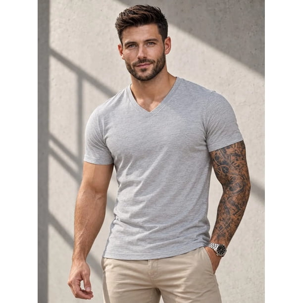 Poleras Cuello V 100% Algodon Basicas Manga Corta Estampar Gris M Lisa