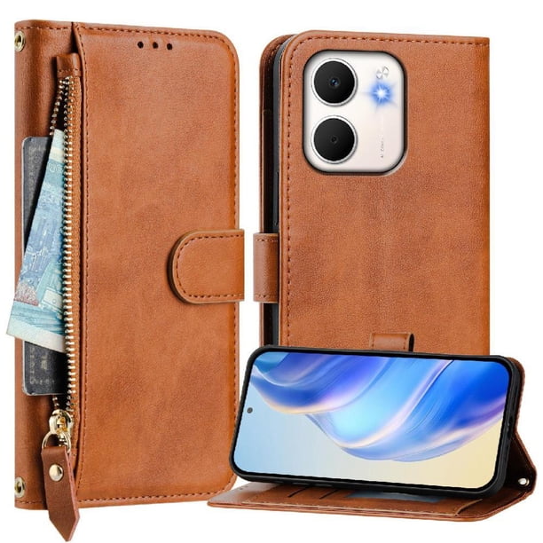 FOXDOCK Funda Tipo Cartera para Tecno Hot 9 Cuero PU con Cremallera y Correa de Muñeca, Ranuras para Tarjetas, Soporte Plegable, Cierre Magnético