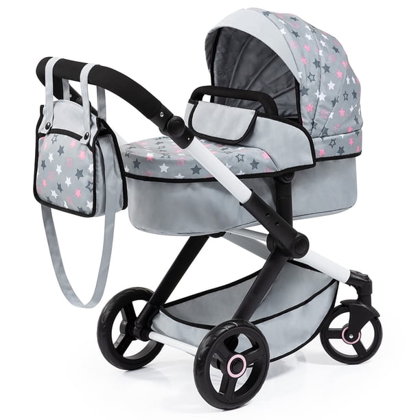 Cochecito de muñecas Bayer Design Xeo con estrellas gris/rosas para muñecas de 18 pulgadas