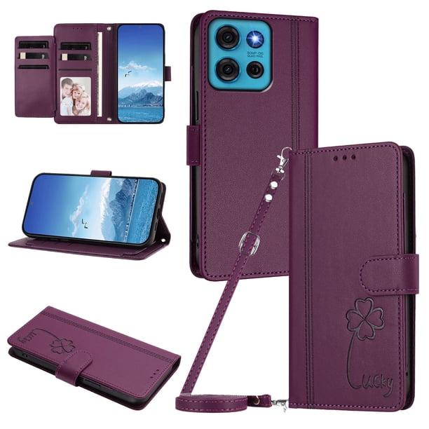 Funda Cartera Trébol para Motorola Moto G75 5G con Ranuras Tarjetas y Carga Inalámbrica Violeta