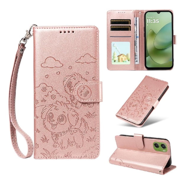 Funda Cartera para Motorola Moto G06 Perro Cachorro Grabado con Tarjetas Soporte Correa Rosa