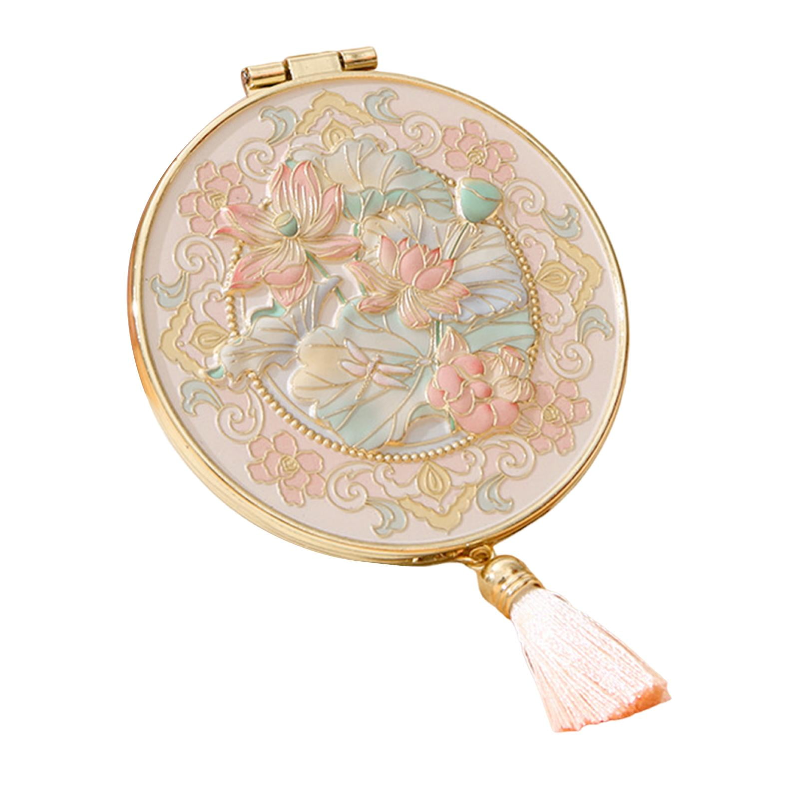Magideal - Espejo De Maquillaje De Mano Compacto De Bolsillo Portátil Con Estructura De Metal Duradera Y Patrón Clásico Adecuado Para Mujeres Y Niñas En Viajes Y Rosa