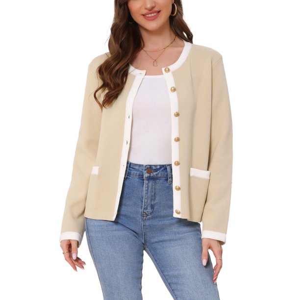 INSPIRE CHIC Cardigan de Punto para Mujer con Mangas Cortas y Botones de Contraste en el Cuello Redondo XS Beige