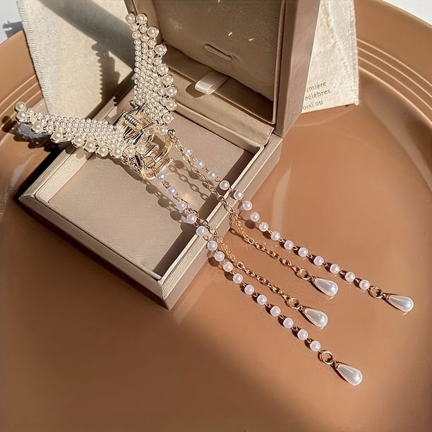 Elegant Faux Pearl Tassel Butterfly Hair Claw Clip with Strong Hold Grip for Thick Hair - Non-Slip Hair Jaw Clip for Women
