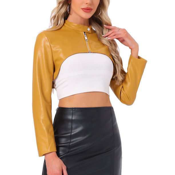 INSPIRE CHIC Chaqueta corta de mujer de piel sintética con cuello alto, cremallera frontal y manga larga L Amarillo