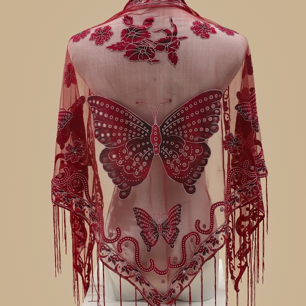 29.5"×55.1" Triangle Scarf Butterfly Flower Embroidery Lace Tassel Shawl Elegant Breathable Windproof Wrap Outdoor Accessories