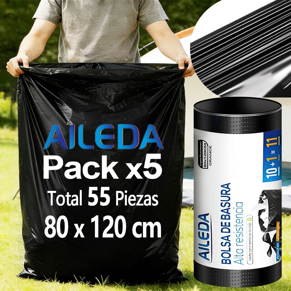 Aileda Bolsa De Basura Grande 80 X 120 Cms - Excelente Calidad 5 Rollo Con En Total 55 Unidades
