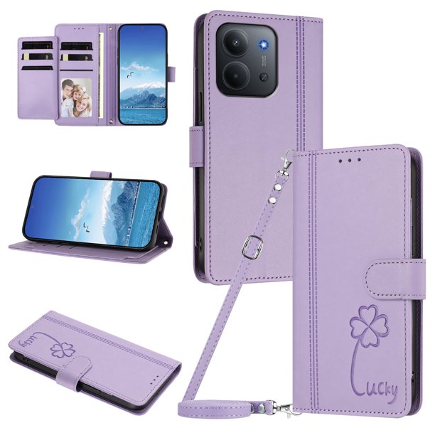 Funda Cartera Trébol para Xiaomi Poco C85 5G con Ranuras Tarjetas y Carga Inalámbrica Morado claro