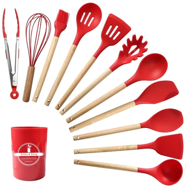 Utensilios de cocina de silicona, 12 piezas, antiadherentes y resistentes al calor, con mango de madera, color negro