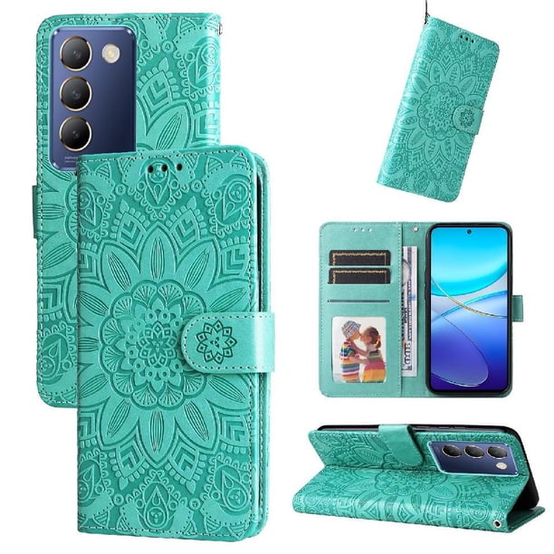 Funda tipo cartera FOXDOCK para Vivo Y200E 5G , diseño girasol en relieve, cuero PU, cierre magnético, soporte y tarjetero