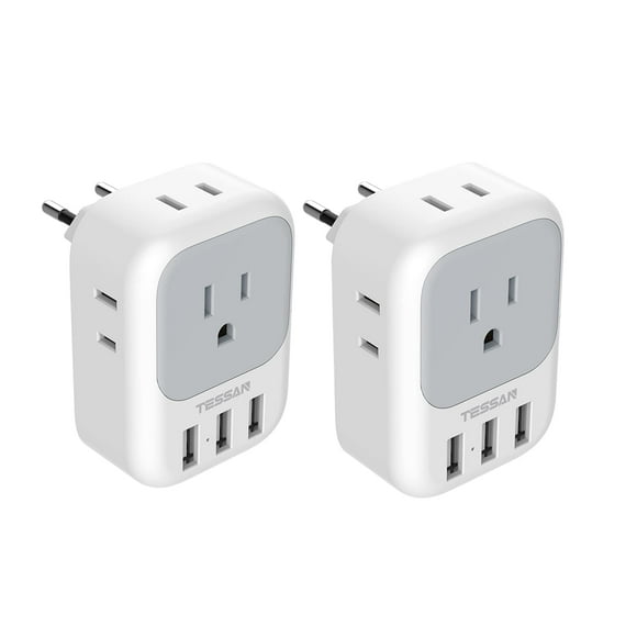Adaptador de enchufe de viaje TESSAN de EE. UU. a Europa con 4 tomas de corriente alterna y 3 USB