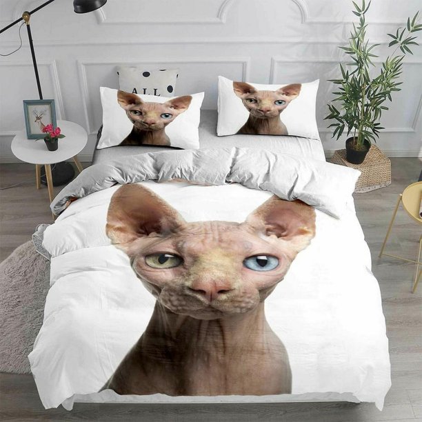 Pet Sphynx Cat Kitten Quilt Duvet Cover Set Doona Cover Kids 3-Piece Bedding Set