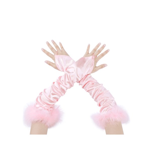 Guantes de satén para mujer con dedos enganchados, puños de plumas, mangas para cosplay sin dedos para fiesta de Navidad, baile de los años 1920, rosa