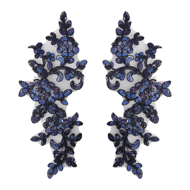 1 par de apliques de encaje, adornos de encaje, apliques bordados florales para manualidades de costura, decoración de vestido de noche, ropa, disfraz Azul oscuro