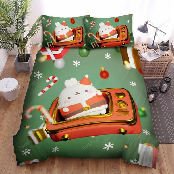 Molang Santa Come From Tv Quilt Duvet Cover Set Soft Super Double Queen3-Piece Bedding Set