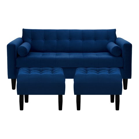 Bodevir - Sofa Retro 3C + 2 Pouf Felpa 00 Azul Marino